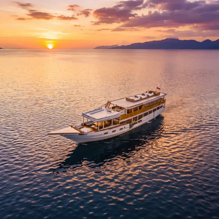 The Malca Voyages phinisi on calm water at sunset
