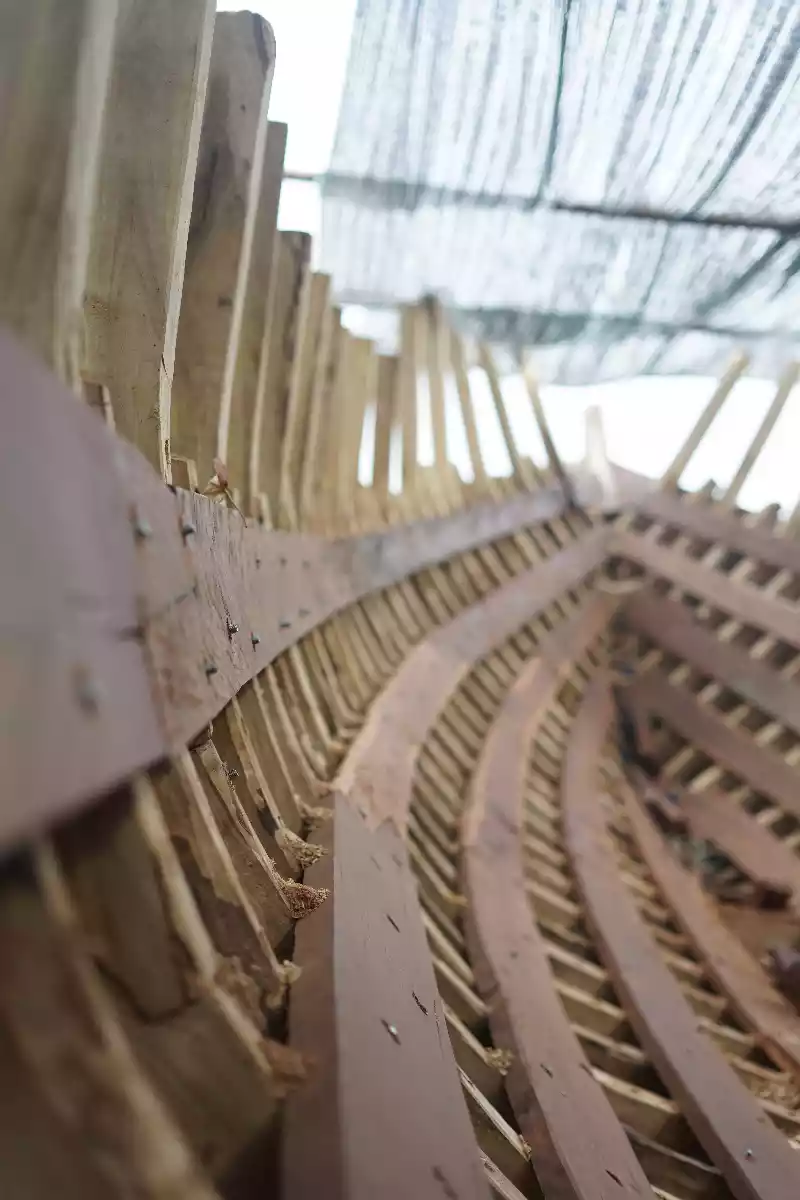 Hand-shaped hull frames waiting to be fitted to the keel