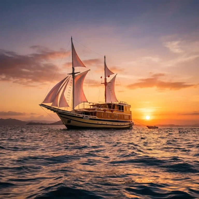 The Catnazse phinisi under sail at sunset