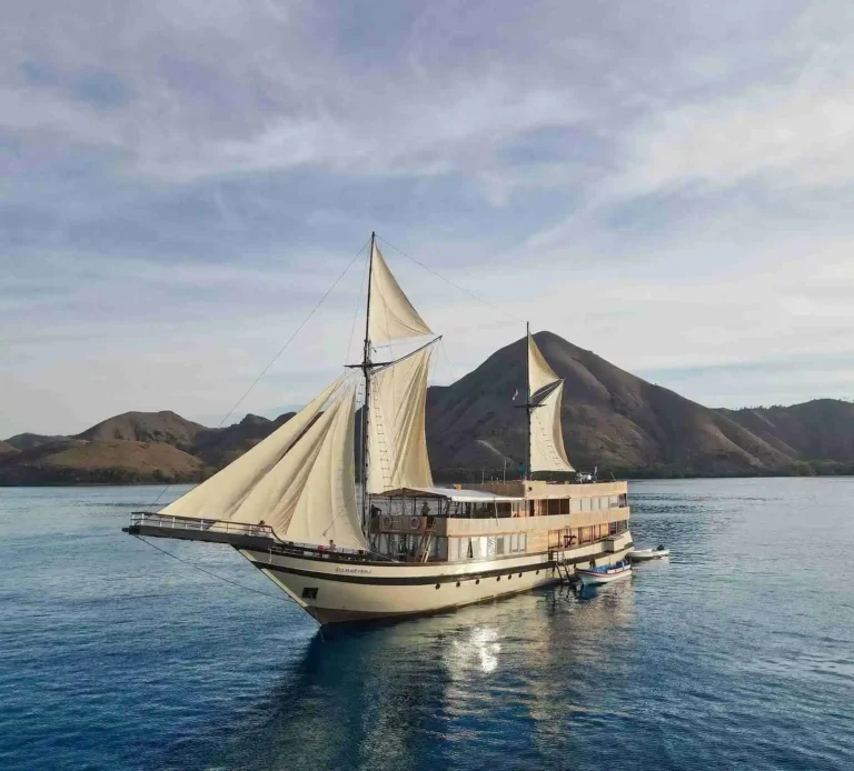 The Lamborajo III under full sail off a headland