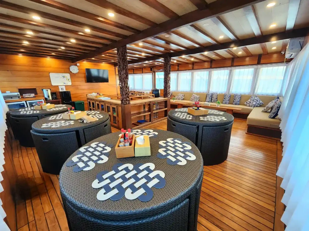 Indoor Dining Area on Dancing Wind Phinisi Cruise | Komodo National Park | Komodo Luxury
