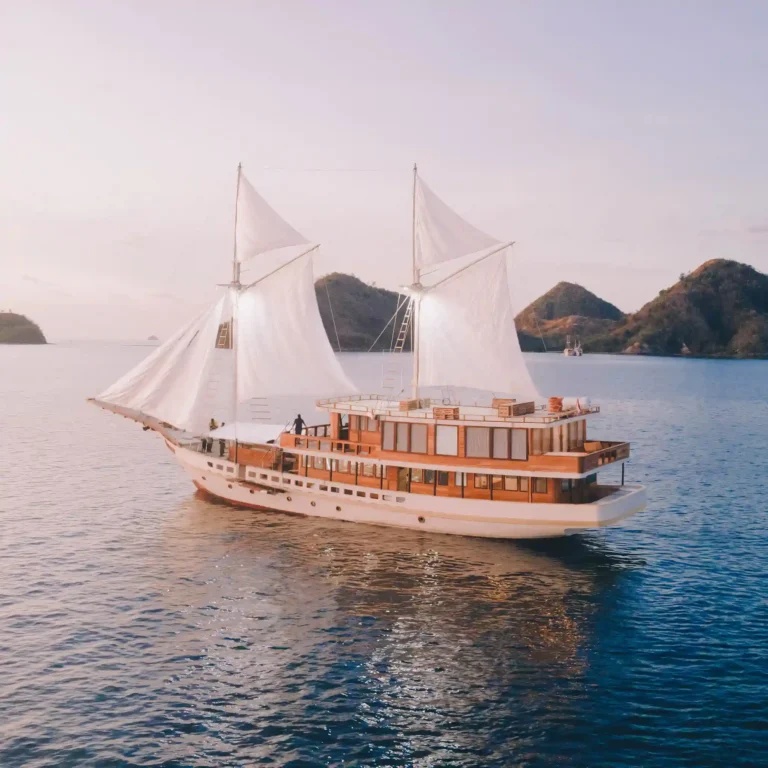The Elbark Cruises phinisi under sail in pale morning light