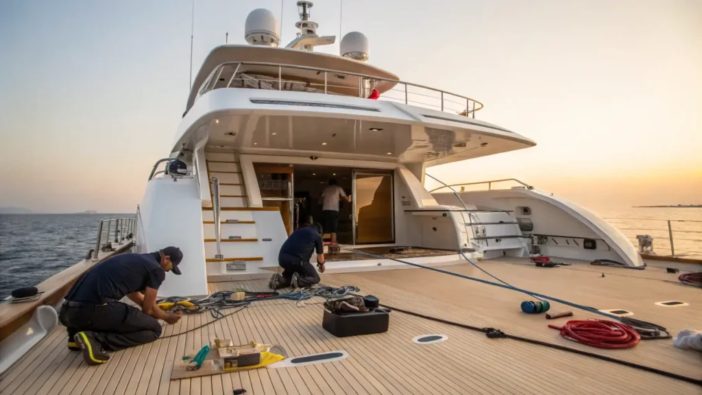 Yacht Being Worked On By Mechanic | Boat Repair Service | Komodo Luxury