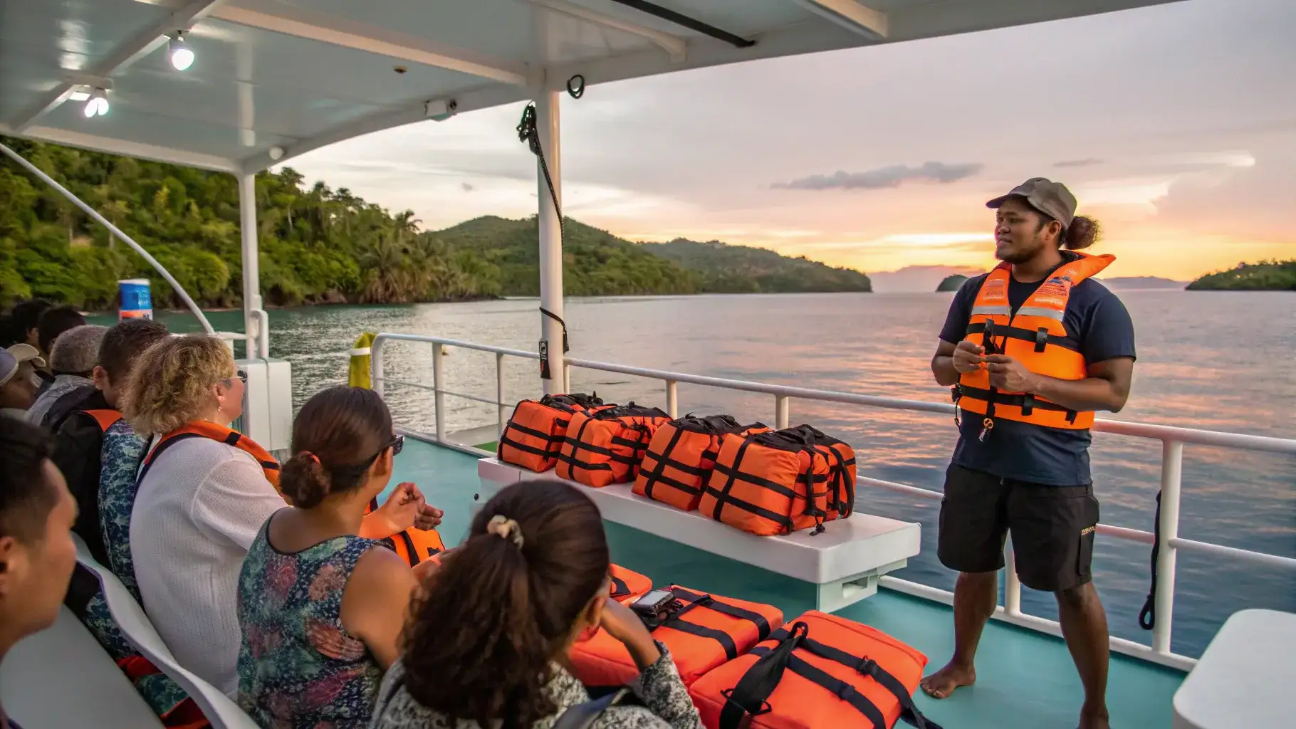 Crew running a dive and safety briefing on deck before entering the water | Komodo Luxury