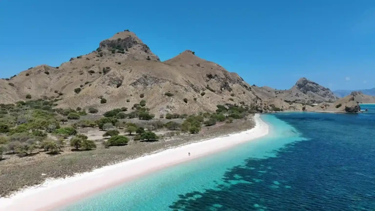 Pink Beach seen from the low hill behind the shoreline