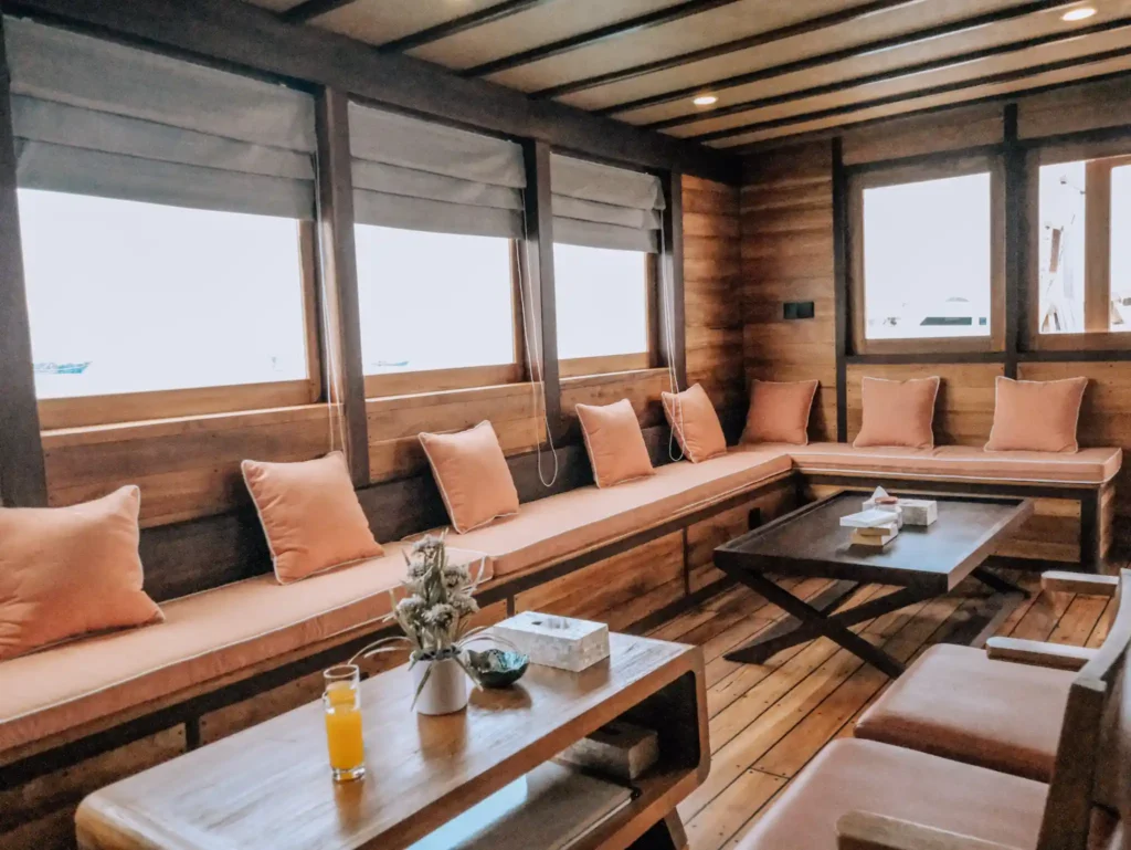 Indoor Dining & Karaoke Lounge | Kanthaka Phinisi Boat Charter | Komodo Tour | Komodo Luxury