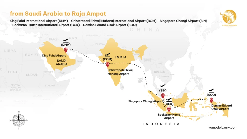 Maps from Saudi Arabia to Raja Ampat via Dammam | Komodo Luxury