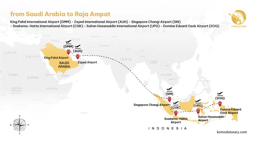 Maps from Saudi Arabia to Raja Ampat via Dammam | Komodo Luxury