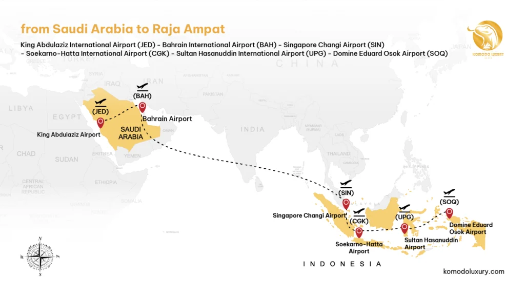 Maps from Saudi Arabia to Raja Ampat via Jeddah | Komodo Luxury