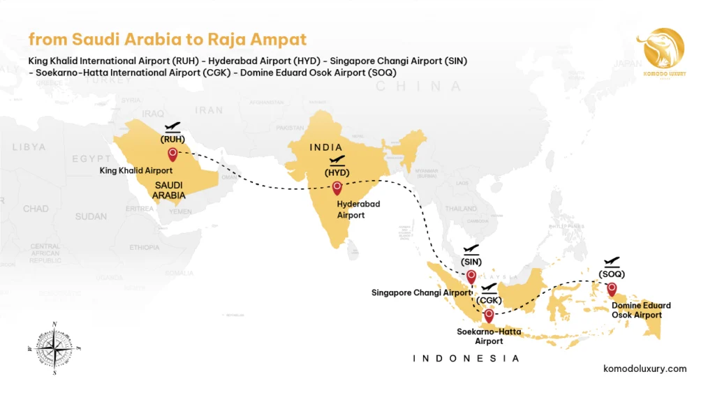 Maps from Saudi Arabia to Raja Ampat via Riyadh | Komodo Luxury