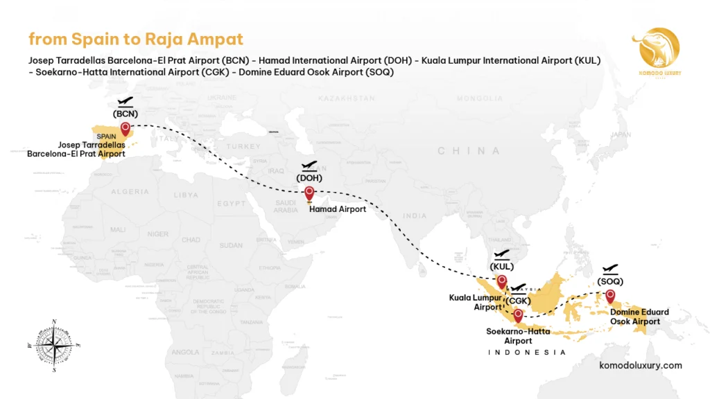 Maps from Spain to Raja Ampat via Barcelona | Komodo Luxury