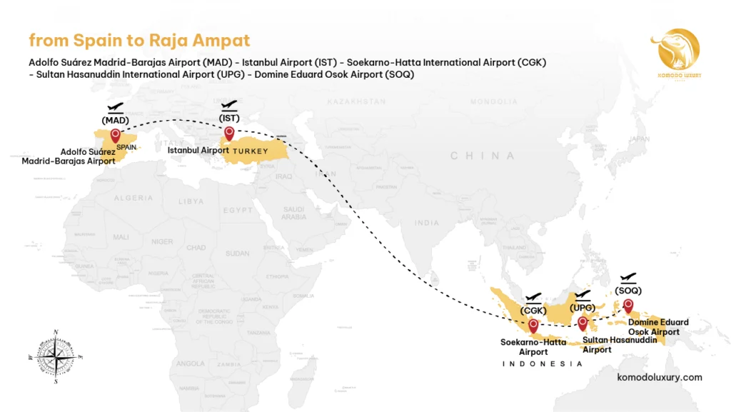 Maps from Spain to Raja Ampat via Madrid | Komodo Luxury