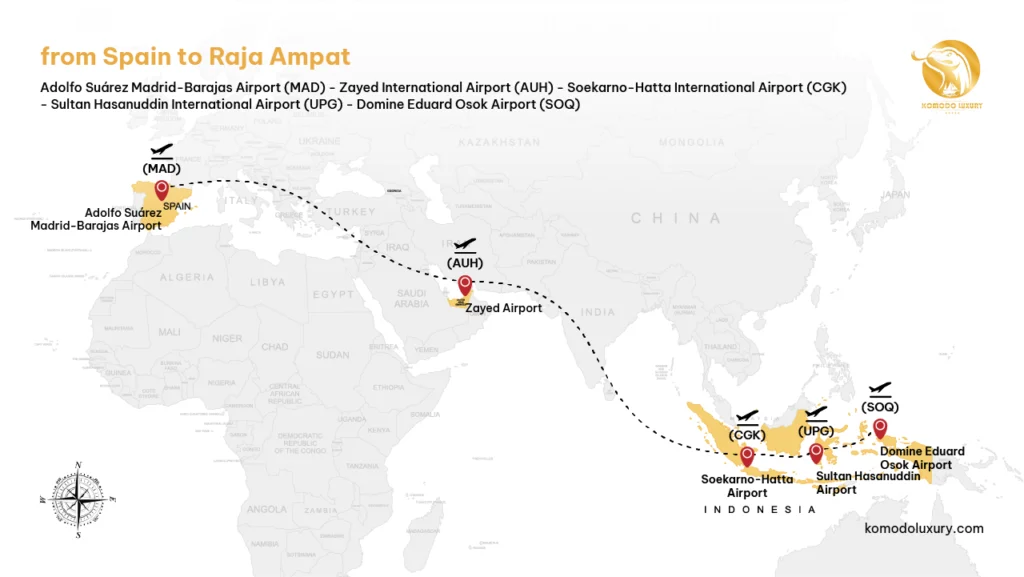 Maps from Spain to Raja Ampat via Madrid | Komodo Luxury