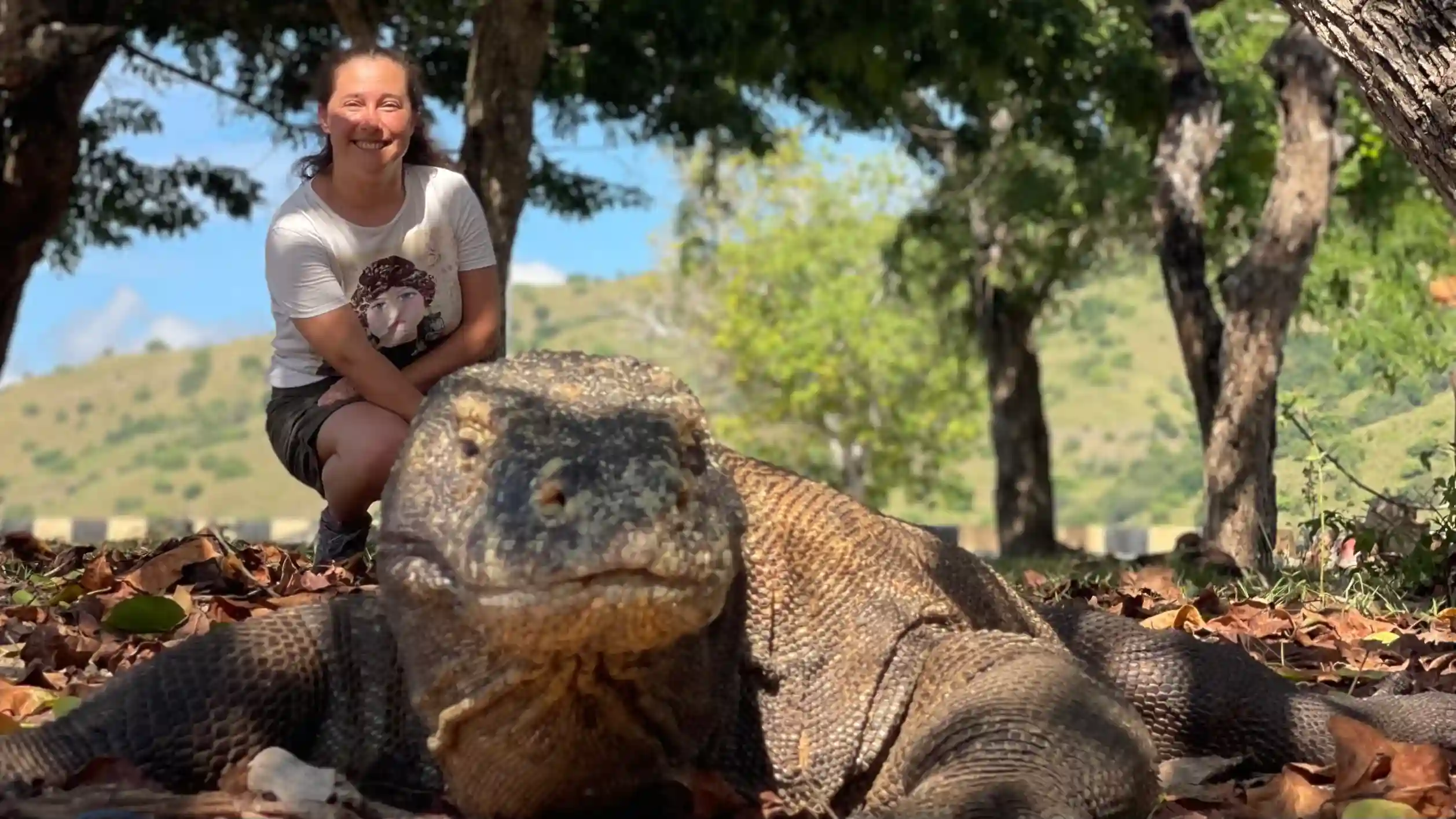 A Komodo dragon with a ranger and visitors kept at a safe distance