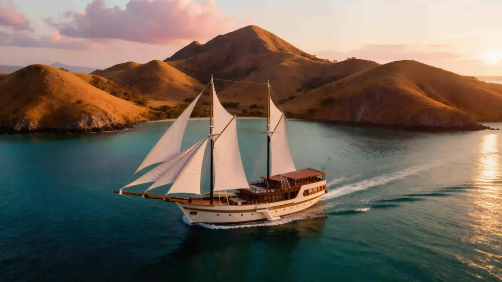 A phinisi under sail on open water in Komodo National Park