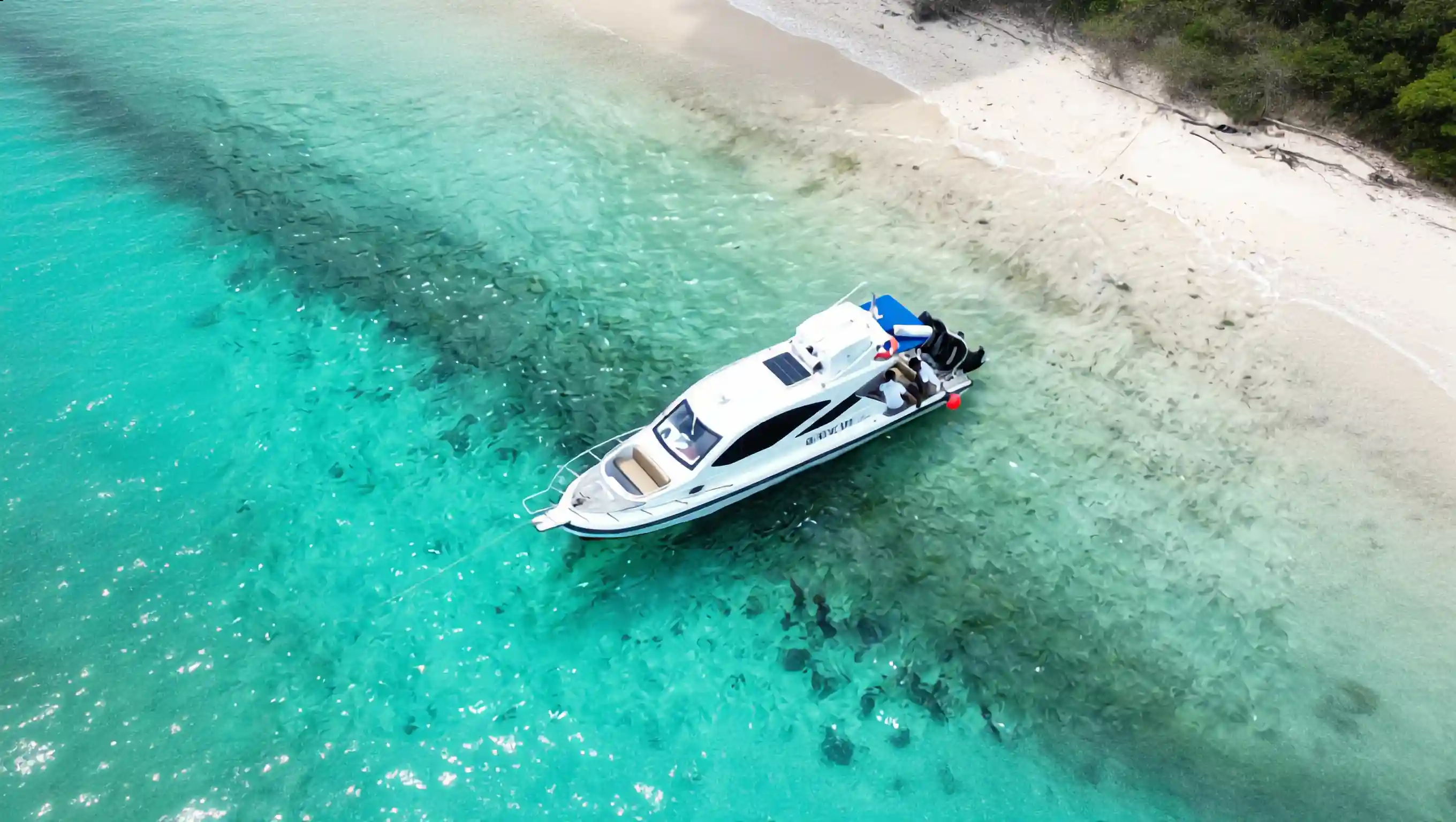 Speedboat anchored over turquoise water