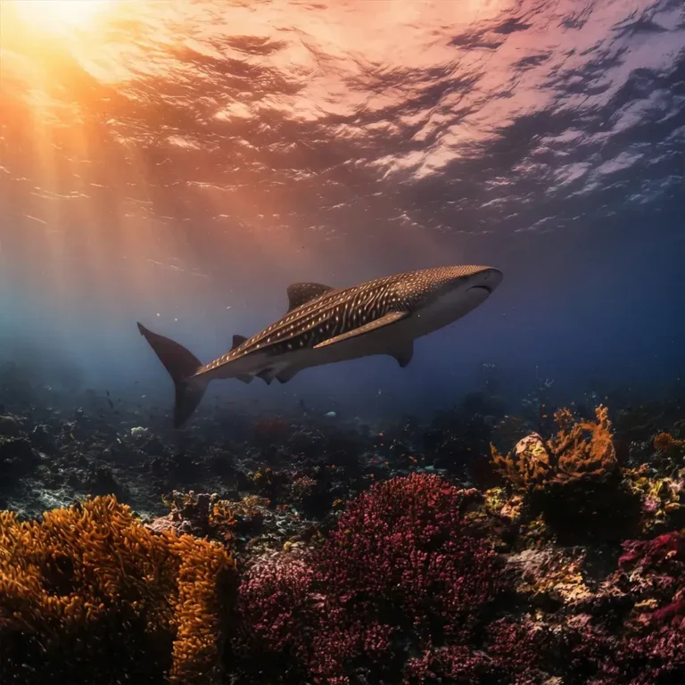 A whale shark under sunlit water in Cenderawasih Bay
