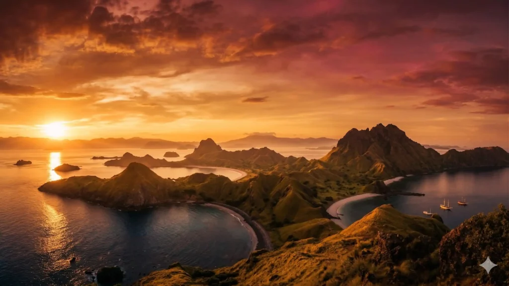 The sun setting over the water and islands of Komodo National Park