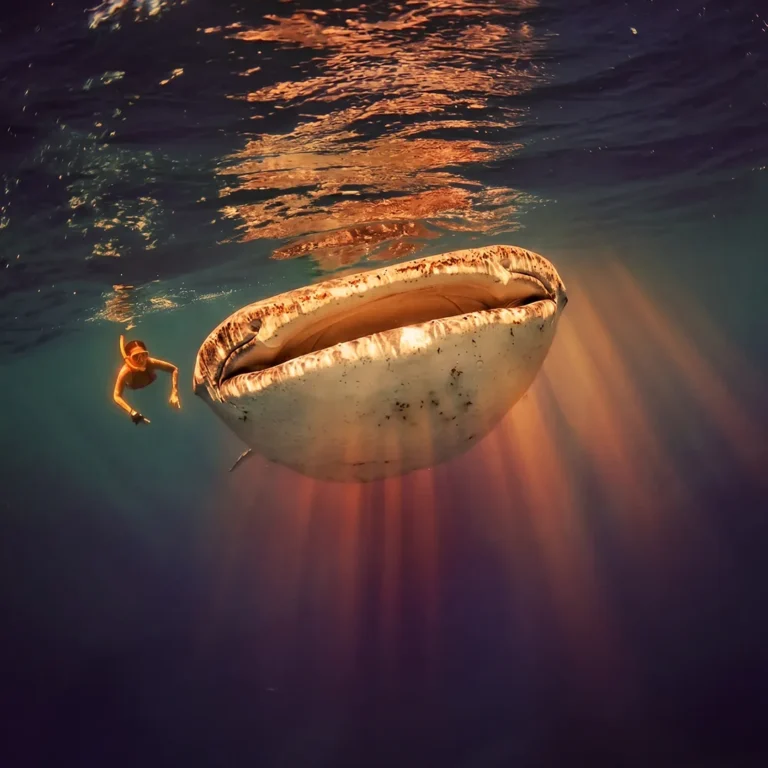 A whale shark and a snorkeller underwater in Triton Bay