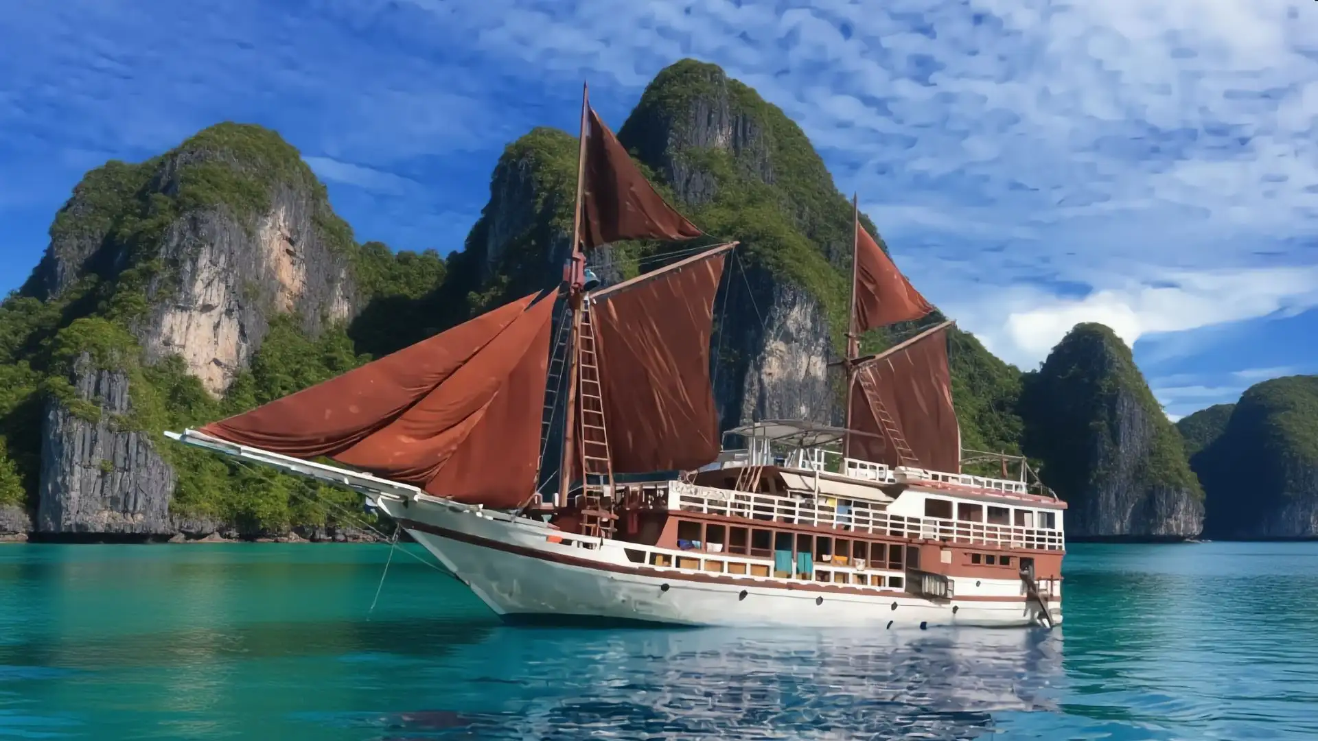 Seamore Papua Liveaboard under full sail among Raja Ampat karst islands | Komodo Luxury